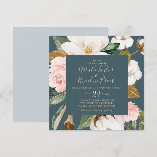 Elegant Magnolia | Hochzeit auf dem Aquamarinen un Einladung (Vorne/Hinten)