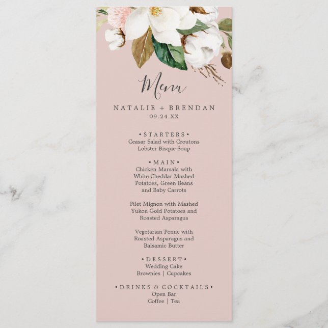 Elegant Magnolia | Menü für Hochzeitsessen in Rosa Menükarte (Vorderseite)