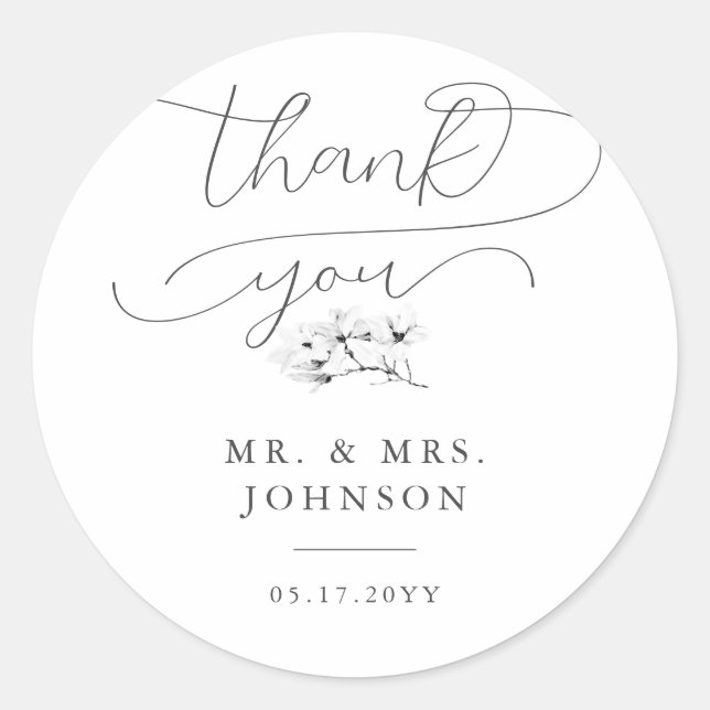 Elegant Magnolia Modern Script Wedding Vielen Dank Runder Aufkleber (Vorderseite)