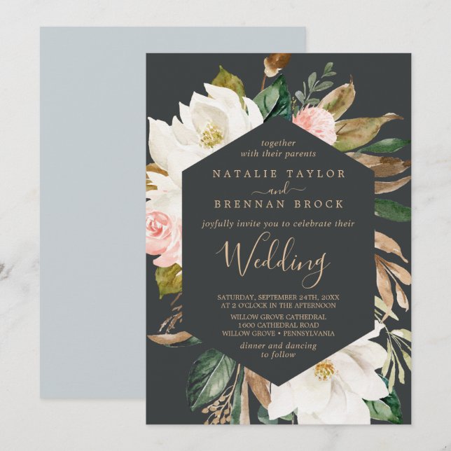 Elegant Magnolia | Schwarz-Weiß-Hochzeit Einladung (Vorne/Hinten)