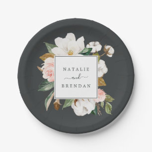 Elegant Magnolia Schwarz-Weiß-Hochzeit Pappteller