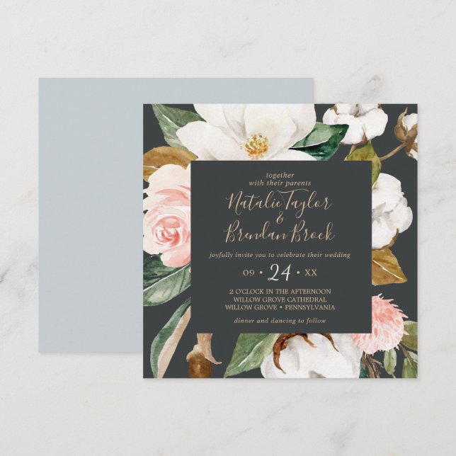 Elegant Magnolia | Schwarz-Weiß-Square-Hochzeit Einladung (Vorne/Hinten)