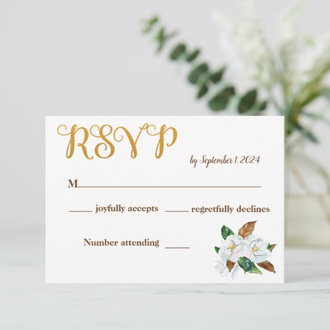 Elegant Magnolia Wedding RSVP Card Begleitkarte (Stehend Vorderseite)