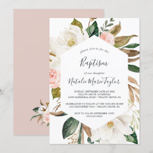 Elegant Magnolia Weiße und blaue Taufe Einladung