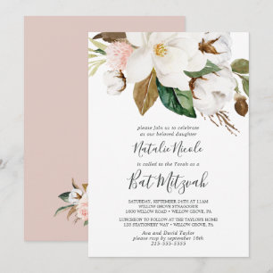 Elegant Magnolia   Weißes Bat Mitzvah Einladung