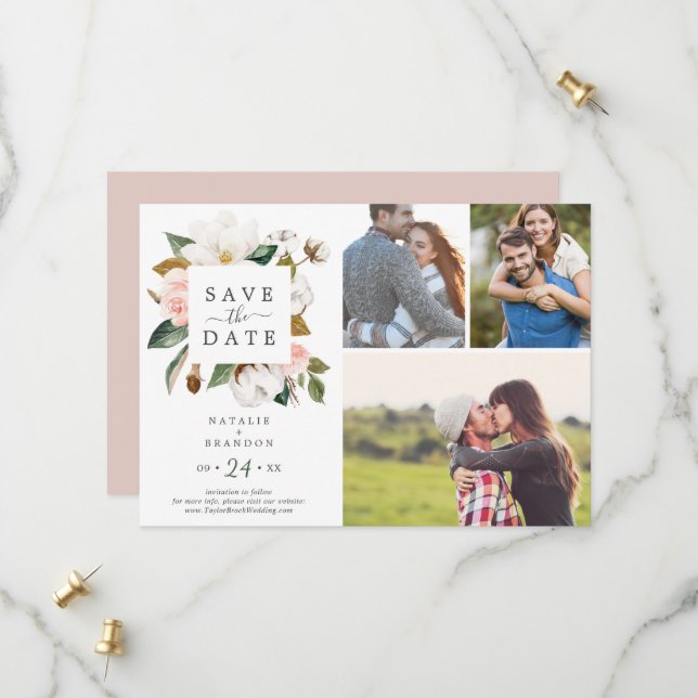 Elegant Magnolia | White 3 Foto Collage Save The Date (Vorderseite/Rückseite Beispiel)
