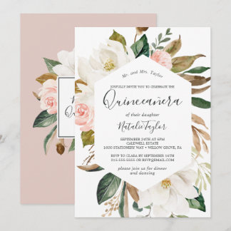 Elegant Magnolia | White and Blush Quinceñera Einladung