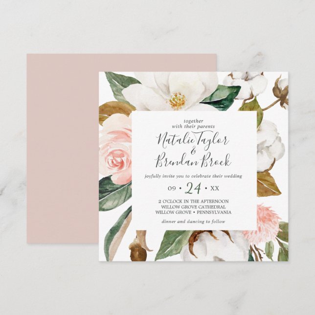 Elegant Magnolia | White and Blush Square Wedding Einladung (Vorne/Hinten)