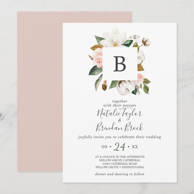 Elegant Magnolia | White & Blush Monogram Wedding Einladung (Vorne/Hinten)