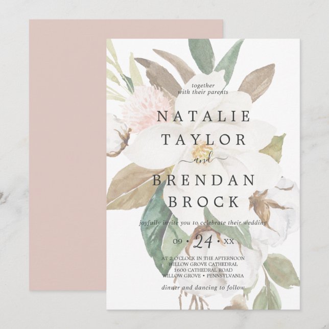 Elegant Magnolia | White Faded Floral Wedding Einladung (Vorne/Hinten)