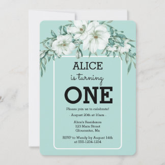 Elegant Magnolia White Pastel Green 1. Geburtstag Einladung