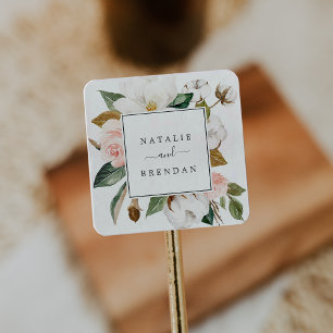 Elegant Magnolia   White Wedding Umschlag Aufklebe Quadratischer Aufkleber