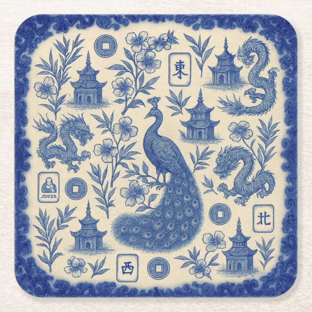 Elegant Mahjong Toile Paper Coaster Set Rechteckiger Pappuntersetzer (Vorderseite)