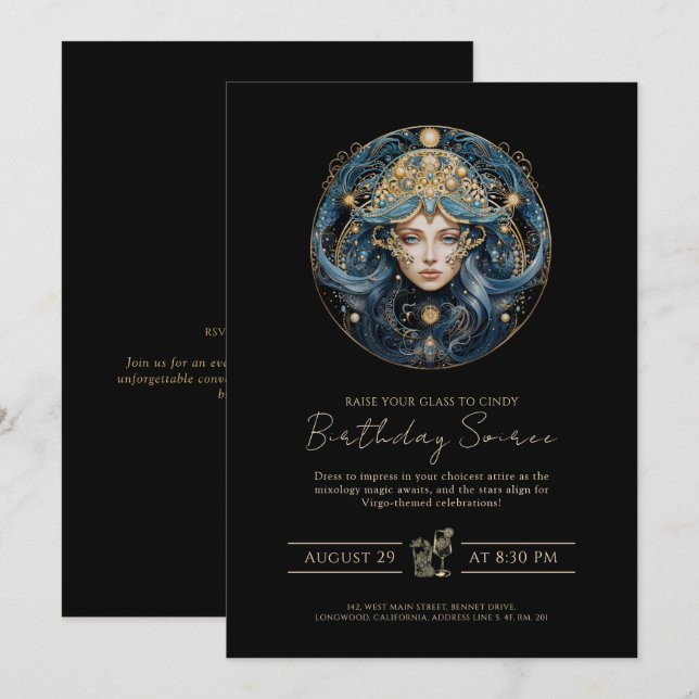Elegant Maiden Sun Sign Cosmic Black Gold Virgo Einladung (Vorne/Hinten)