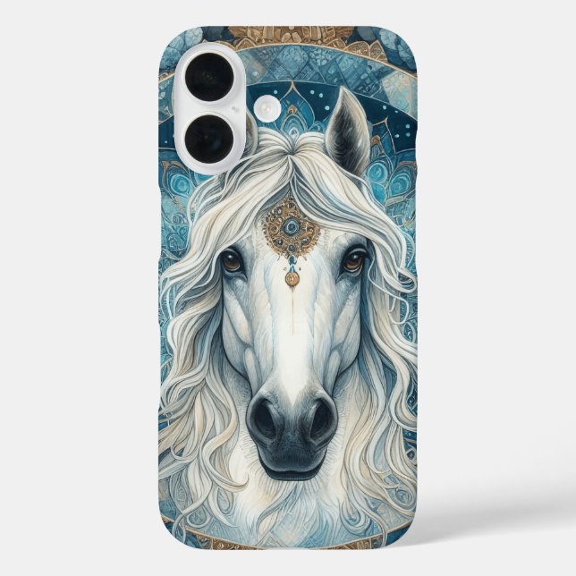 Elegant Majestic White Horse Head Flownmane iPhone 16 Hülle (Rückseite)