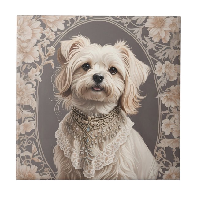 Elegant Maltese Dog William Morris Inspiriert Fliese (Vorderseite)