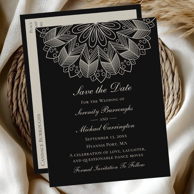 Elegant Mandala Boho Black Save the Date Wedding Einladungspostkarte (Von Creator hochgeladen)