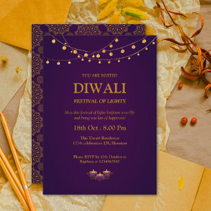 Elegant Mandala Diyas Lila golden Diwali Einladung