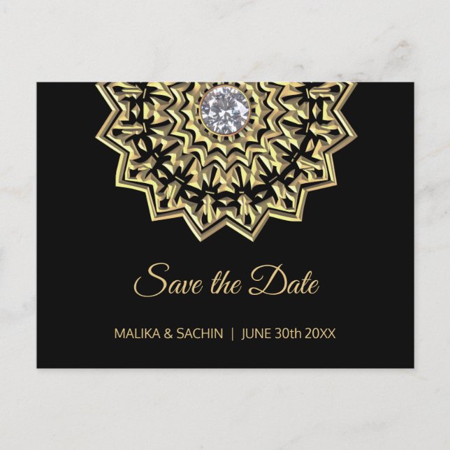 Elegant Mandala Indian Black Wedding SPAREN DAS DA Ankündigungspostkarte (Vorderseite)