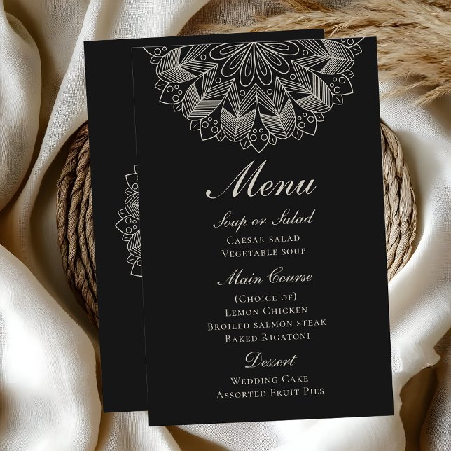 Elegant Mandala Indian Boho Black Wedding Menu (Von Creator hochgeladen)