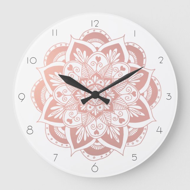 Elegant Mandala Rose Gold Flower Große Wanduhr (Vorderseite)