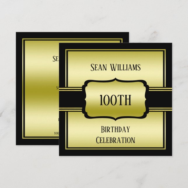 Elegant Man's Gold & Black 100. Geburtstag Einladung (Vorne/Hinten)