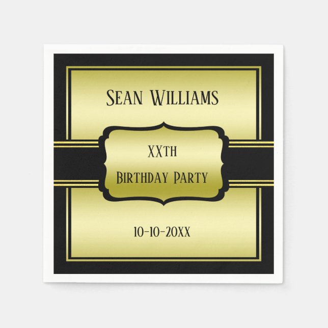 Elegant Man's Gold & Black Birthday Serviette (Vorderseite)