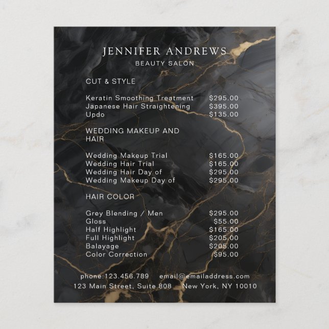 Elegant Marble Black-Gold Salon Pricelist Flyer (Vorne)