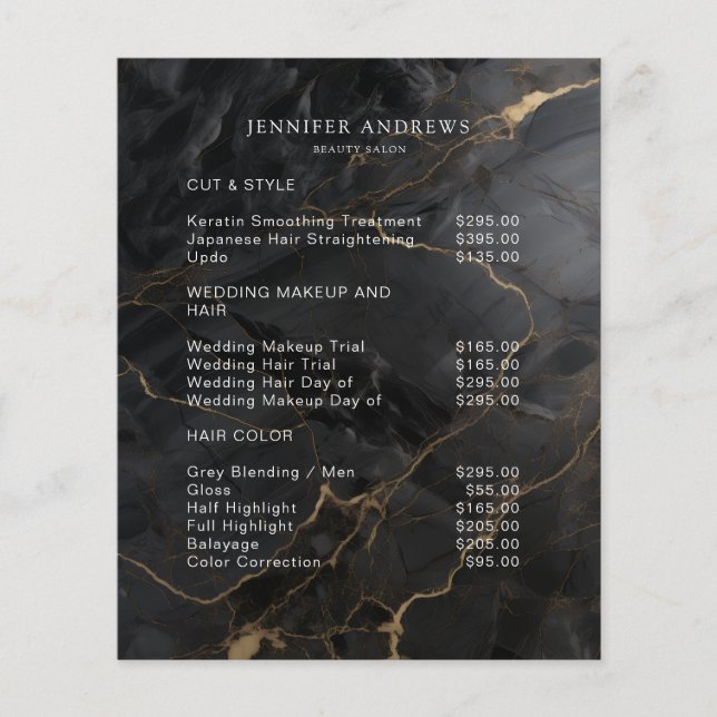 Elegant Marble Black-Gold Salon Qr Code Pricelist Flyer (Vorne)