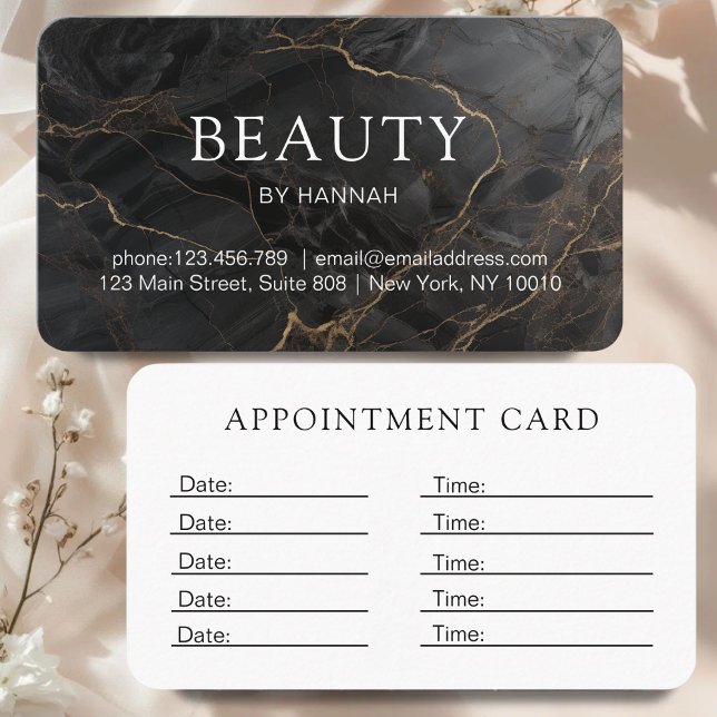 Elegant Marble Black-Gold Salon Terminkarte (Elegant Marble Black-Gold Salon Appointment Card)