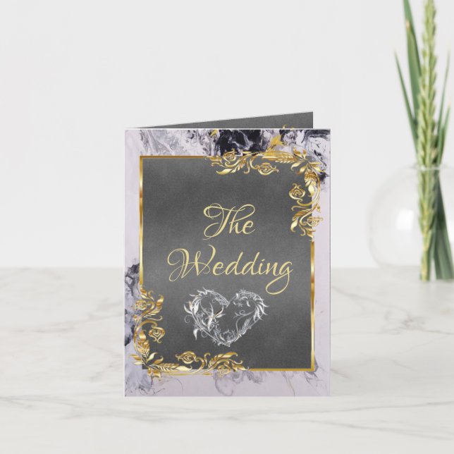 Elegant Marble, Grey, Gold Frame, Silver Heart Ankündigung (Vorderseite)