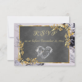 Elegant Marble, Grey, Gold Frame, Silver Heart RSVP Karte
