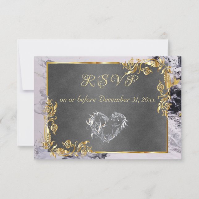 Elegant Marble, Grey, Gold Frame, Silver Heart RSVP Karte (Vorderseite)