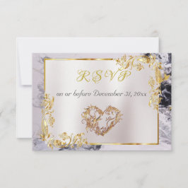 Elegant Marble, White, Gold Frame, Silver Heart RSVP Karte