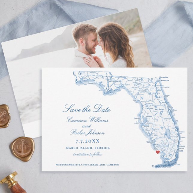 Elegant Marco Island Florida Wedding Navy Karte (Elegant Marco Island Florida Wedding sace the dates with navy blue map from Coastal Map Designs)