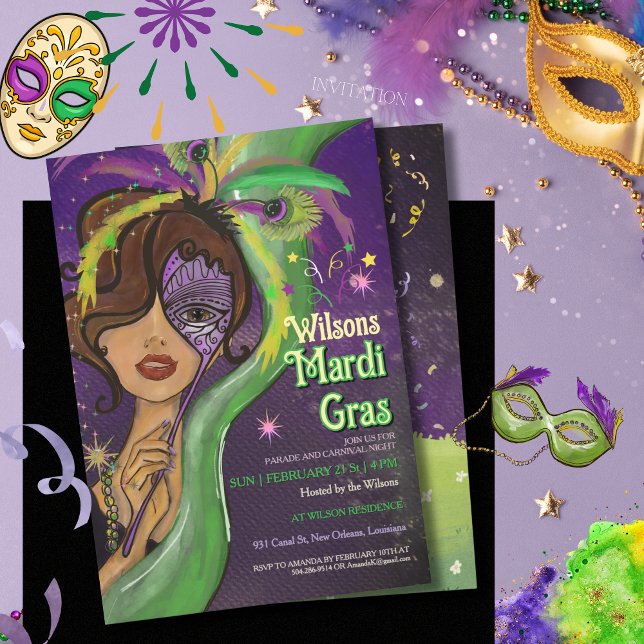 Elegant Mardi Gras Masquerade Hand-drawn Portrait Einladung (Elegant Mardi Gras Masquerade Hand-drawn Portrait Invitation (2))