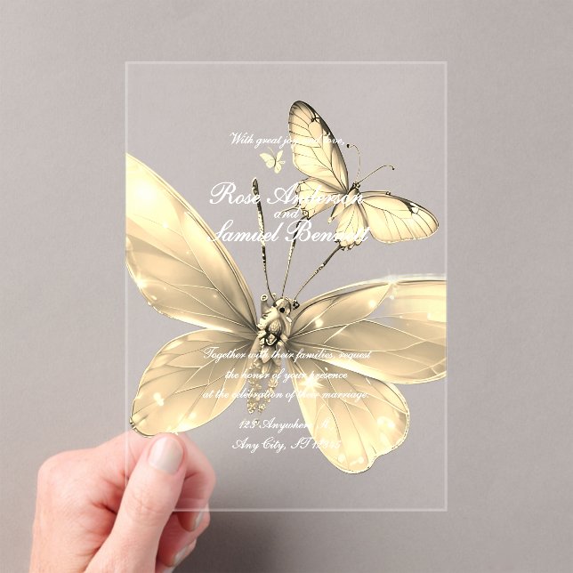 Élégant Mariage à papillon or Acrylique Invitation (In situ (ordinateur de poche))