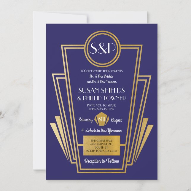 Elégant mariage Art Déco Invitations Marine Gold (Devant)