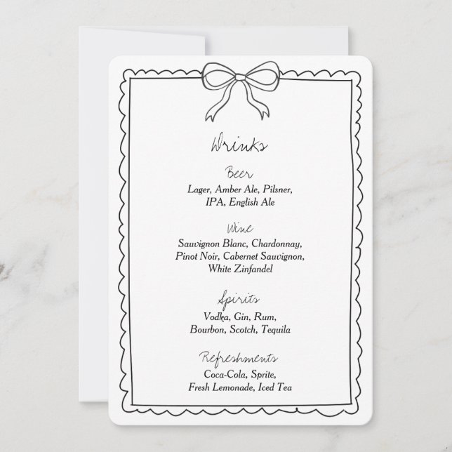 Élégant Mariage Bow Bow Bar Menu Signer (Devant)