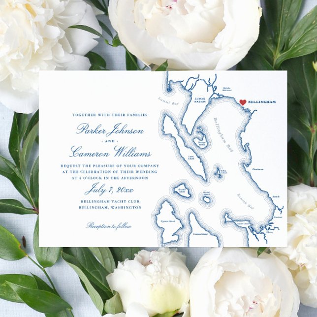 Élégant Mariage de carte Bellingham Washington (Elegant Bellingham Washington  Map wedding invitation in navy blue from Coastal Map Designs)