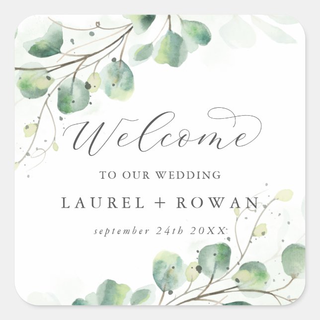 Élégant Mariage de verdure Bienvenue Carré Sticker (Devant)