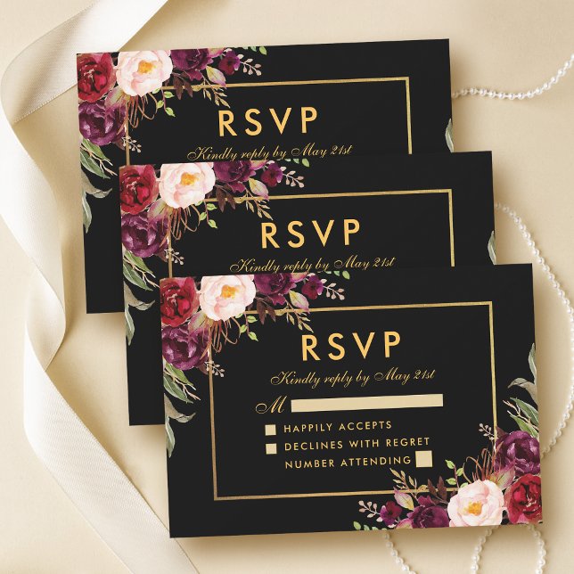 Elégant Mariage Floral Bourgogne RSVP Black Gold (Customize to change text size, text style or color.)