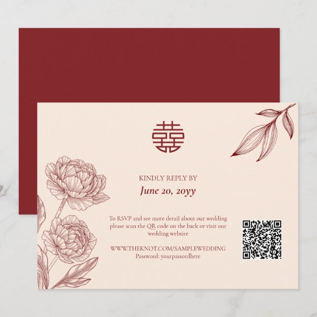 Elégant mariage floral chinois RSVP Invitation (Devant / Derrière)