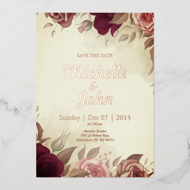Elégant mariage Invitation rose fleur rouge (Recto)