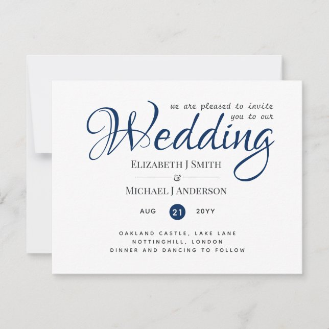 Elégant mariage Invitation Simple Marine Bleu Blan (Devant)