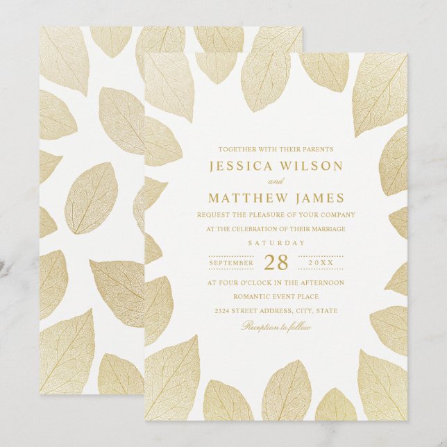 Elégant Mariage Invitations Gold Look Fall Leaves (Devant / Derrière)