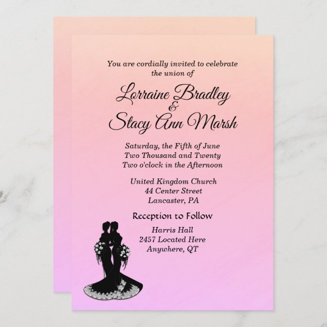 Elégant Mariage lesbien Pinks Invitation (Devant / Derrière)