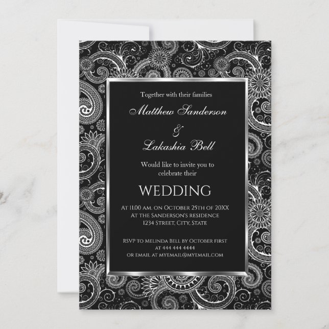 Elégant Mariage moderne Black White Invitation (Devant)