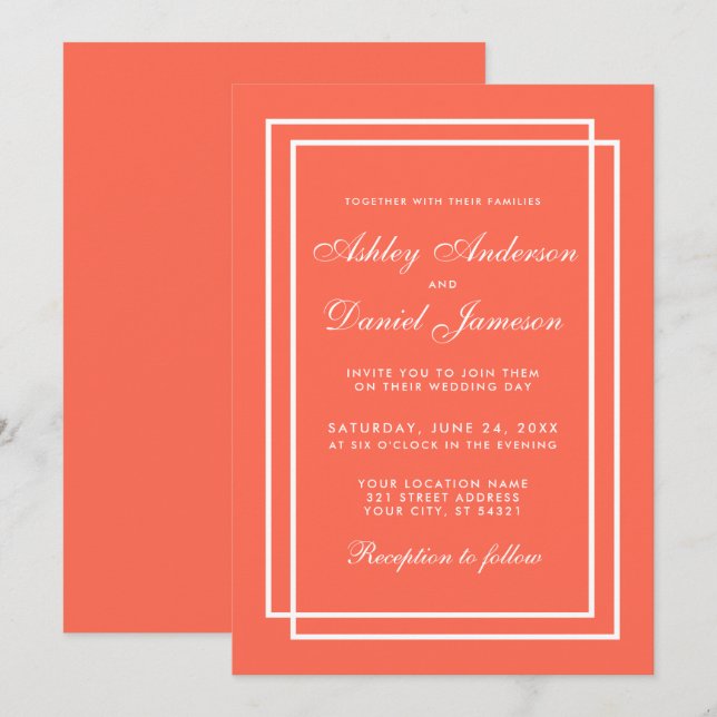Elégant Mariage moderne Coral White Invitation (Devant / Derrière)