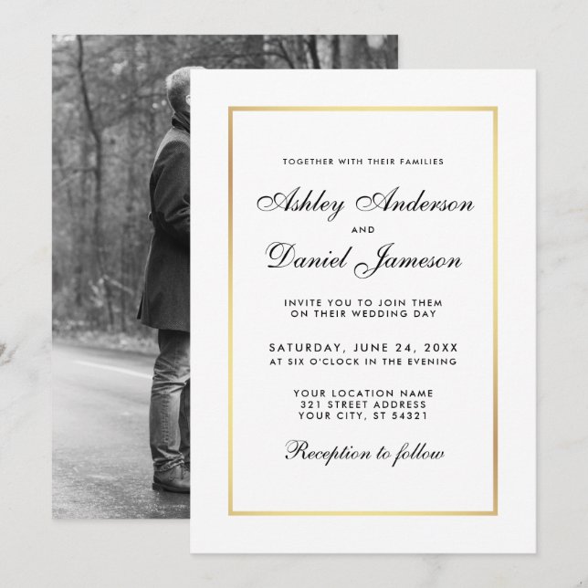 Elégant Mariage moderne Invitation - Black White P (Devant / Derrière)